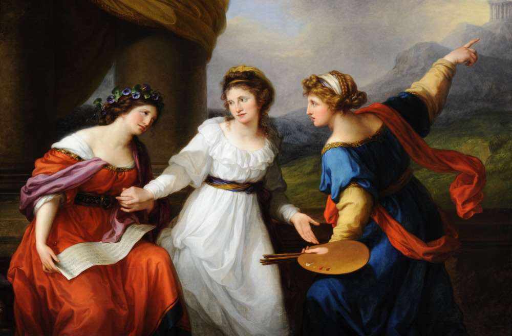 Oil painting on canvas, Self-portrait the Artist hesitating between the Arts of Music and Painting by Angelica Kauffman RA (Chur 1741 ¿ Rome 1807), signed on the artist's sash: Angelica Kauffn Sc. & P. Pinxit, Rome 1794. Angelica Kauffman was born in Switzerland, but settled in London in 1766. She was one of the most prominent English artists of the 18th Century, one of only two founding female members of the Royal Academy and the last woman to be admitted until 1922. This painting, which is a very fine example of her work, was executed in Rome, where she lived with her husband, Antonio Zucchi, from 1781 until her death in 1807. It presents the artist as a kind of female Hercules, choosing not between Virtue and Vice, but between her profession as a painter, which was traditionally a male dominated field (the figure of Painting points to a far away temple, symbolising the difficulty of her journey), and a career devoted to the easier, more traditionally feminine, Art of Music. In recent years, this self-portrait has become an icon of the feminist interpretation of art history. It was acquired by the 2nd Baron St Oswald in 1908, from the collection of Mrs Strickland at Cokethorpe, to serve as a pendant to the Lockey, at the opposite end of the Top Hall (once the organ, installed in the 1820s, had been removed to Wragby Church). The 2nd Baron may have been attracted to the painting because it was thought at the time that Kauffman, rather than Zucchi, had worked with Adam on the decoration at Nostell. It remained in the Top Hall until 1939. Though it came relatively late to the collection, it is now a well known picture at Nostell. Another version, dated 1792, is in the Pushkin Museum, Moscow.